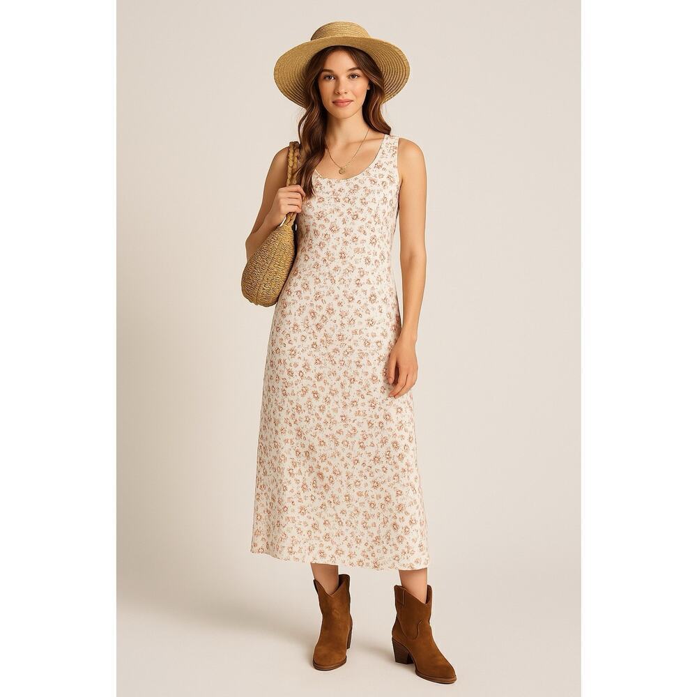 Vintage Floral Maxi Dress – Sleeveless White Chiffon with Pink Ditsy Print –12